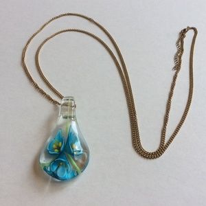 Blown Art Glass Handcrafted Blue Flower Pendant Gold Tone Chain Necklace